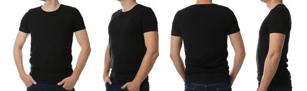 白い背景に黒のTシャツの男の写真とコラージュ クローズアップ バナーデザイン — ストック写真