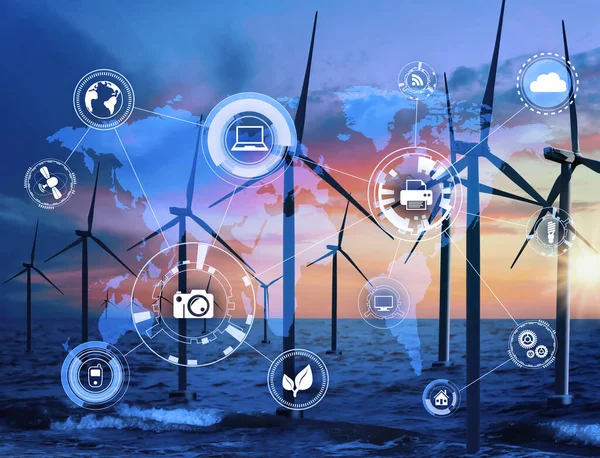 Alternatieve Energiebron Drijvende Windturbines Zee Wereldkaart Illustratie Schema — Stockfoto