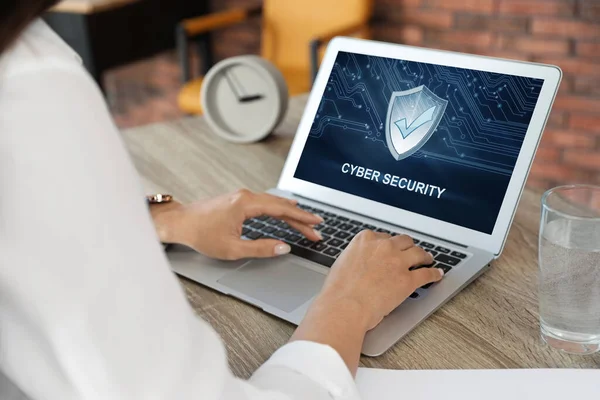 Cyber Security Concept Woman Using Application Laptop Closeup — Stock Photo, Image