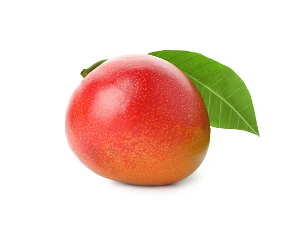 Färsk Mogen Mango Med Grönt Blad Isolerat Vitt Exotiska Frukter — Stockfoto