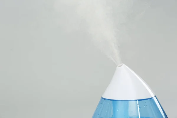 Modern Air Humidifier Light Grey Background Closeup Space Text — Stock Photo, Image