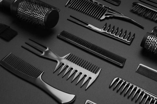 Composition Modern Hair Combs Brushes Black Background — Stock Photo, Image