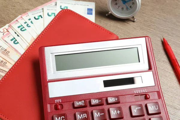 Calculator Notebook Money Alarm Clock Wooden Table Closeup Tax Accounting — Stock Photo, Image