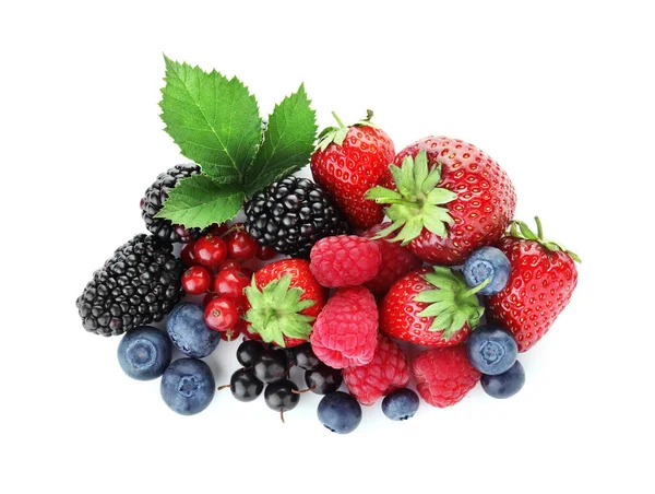 Pile Different Ripe Tasty Berries Green Leaves Isolated White Top — Stock Photo, Image