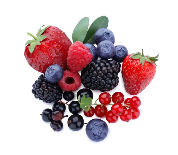 Mix Different Fresh Berries Isolated White Top View — Stock Photo, Image