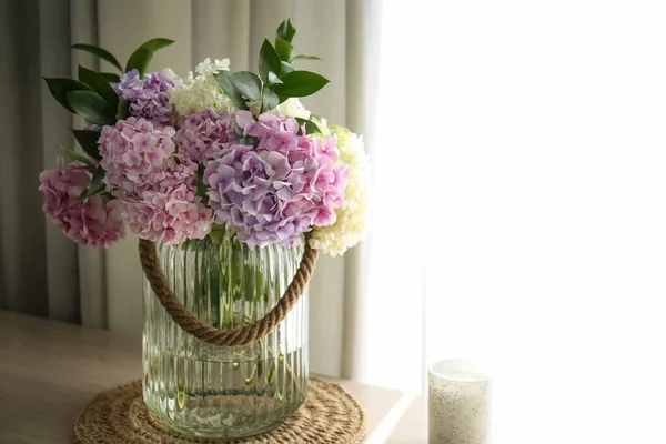 Bouquet Beautiful Hydrangea Flowers Table Window Space Text Interior Design — Stock Photo, Image