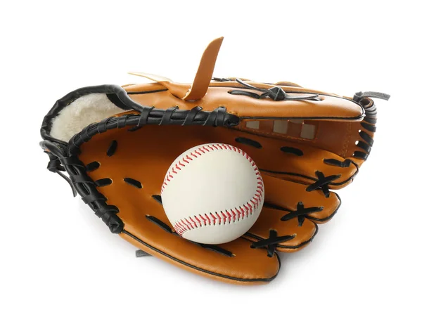Bőr Baseball Kesztyű Golyóval Elszigetelt Fehér — Stock Fotó