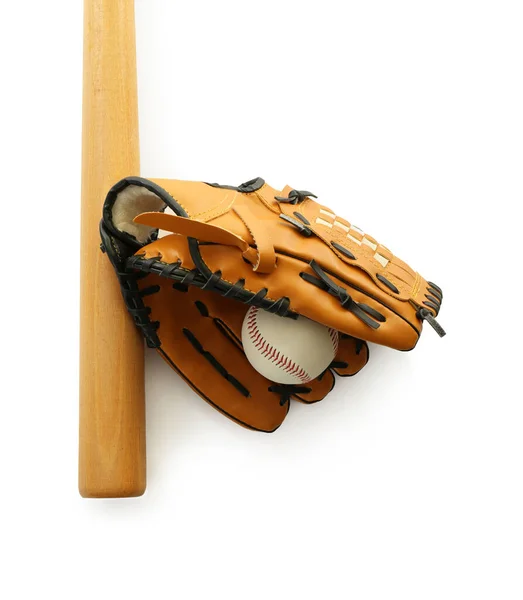 白い背景の革の野球ボール バットと手袋 トップビュー — ストック写真