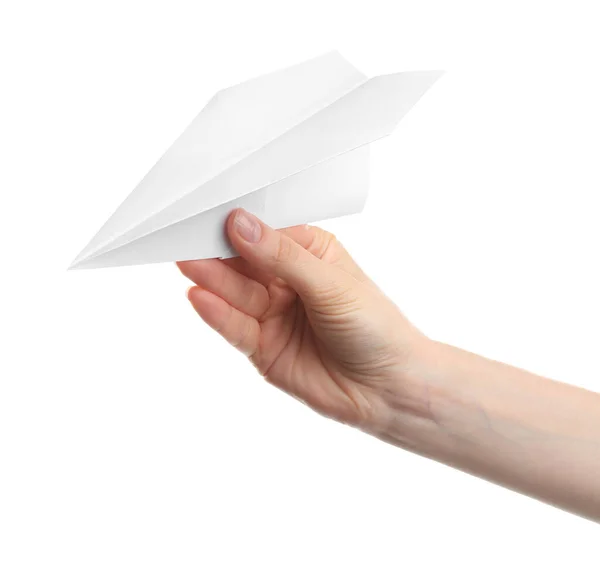 Woman Holding Paper Plane White Background Closeup — Stock Photo, Image