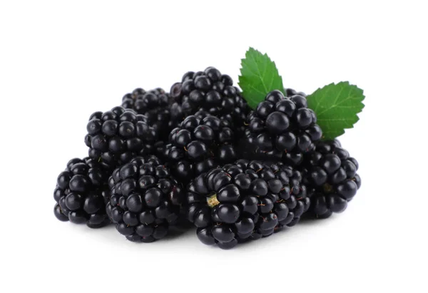 Tasty Ripe Blackberries Leaves White Background — Stock Photo, Image