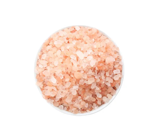Rosafarbenes Himalaya Salz Schüssel Isoliert Auf Weiß Ansicht Von Oben — Stockfoto