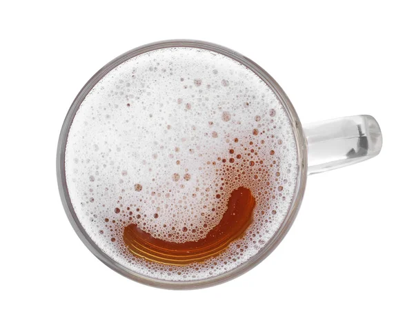 Скляний Кухоль Свіжим Пивом Ізольовано Білому Вид Зверху — стокове фото