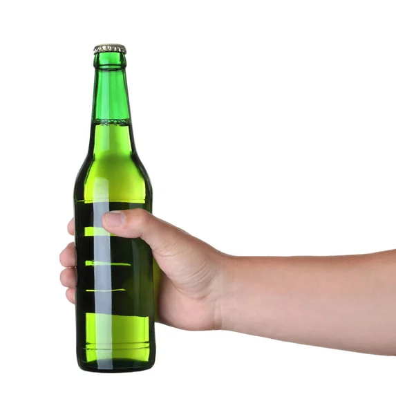 Man Met Groene Fles Met Bier Witte Achtergrond Close — Stockfoto