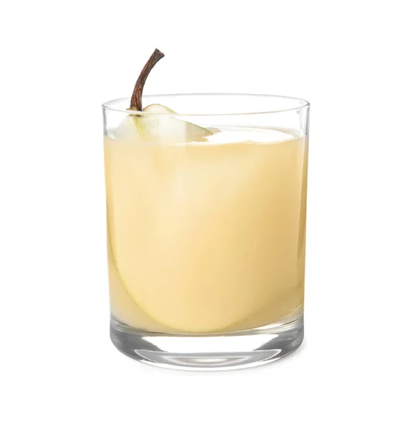 在白色的玻璃上隔离的味醇果汁和梨子 — 图库照片