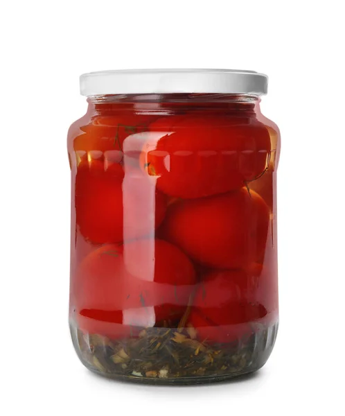Pomidory Marynowane Szklanym Słoiku Białym — Zdjęcie stockowe