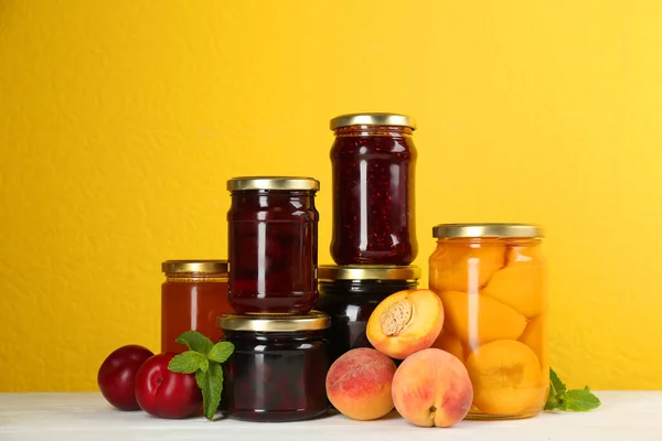 Jars Pickled Fruits Jams White Wooden Table — Stock Photo, Image