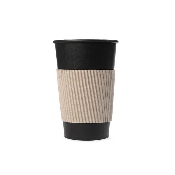 Kaffeetasse Zum Mitnehmen Aus Papier Mit Papphülle Isoliert Auf Weiß — Stockfoto