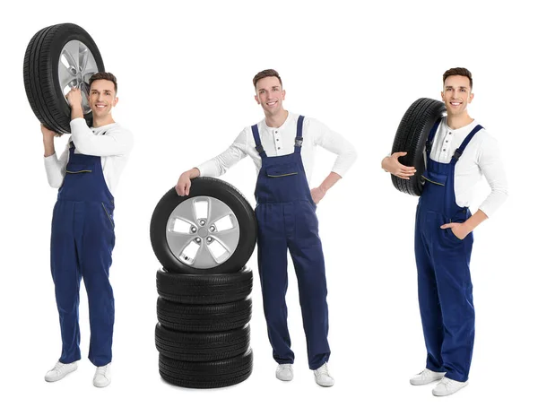 Collage Con Fotos Jóvenes Mecánicos Neumáticos Sobre Fondo Blanco Auto — Foto de Stock