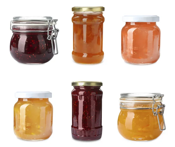 Set Potten Met Heerlijke Jam Witte Achtergrond — Stockfoto