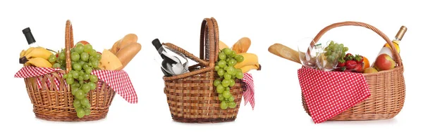 Set Wicker Picnic Baskets Products White Background Banner Design — Stock Photo, Image