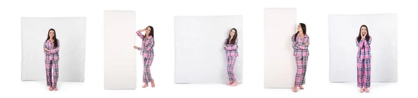 Collage Photos Young Woman Mattresses White Background Banner Design — Stock Photo, Image