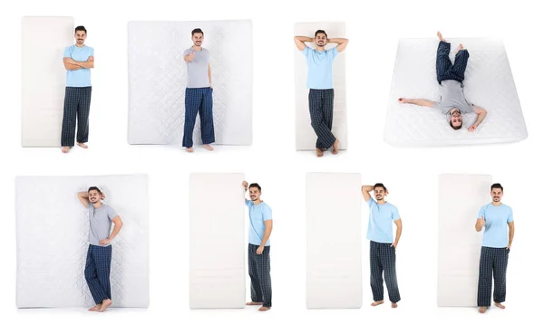 Collage Con Fotos Hombres Jóvenes Colchones Sobre Fondo Blanco —  Fotos de Stock