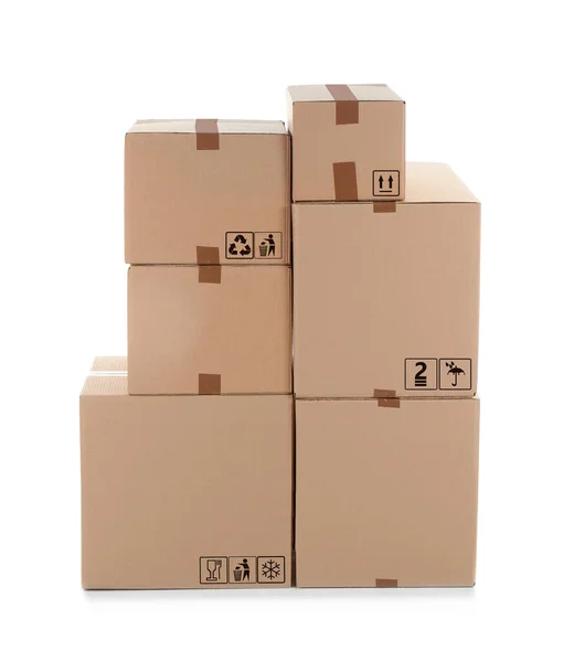 Parcel Delivery Cardboard Boxes Different Packaging Symbols White Background — Stock Photo, Image