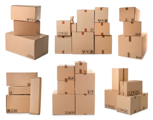 Set Pacchi Con Diversi Simboli Imballaggio Sfondo Bianco — Foto Stock