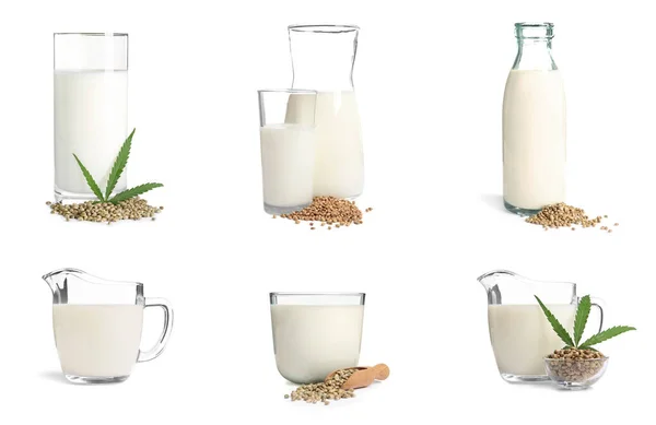 Set Cristalería Con Leche Cáñamo Sobre Fondo Blanco — Foto de Stock