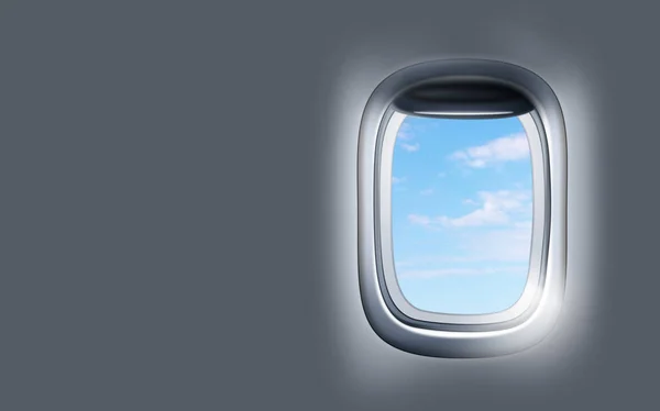 stock image View on blue sky through open airplane porthole. Space for text