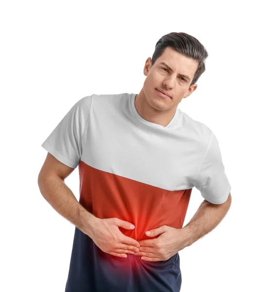 Mann Leidet Unter Bauchschmerzen Auf Weißem Hintergrund — Stockfoto