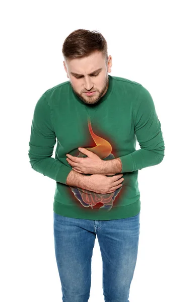 Young Man Suffering Stomach Pain Isolated White — Stock Photo, Image