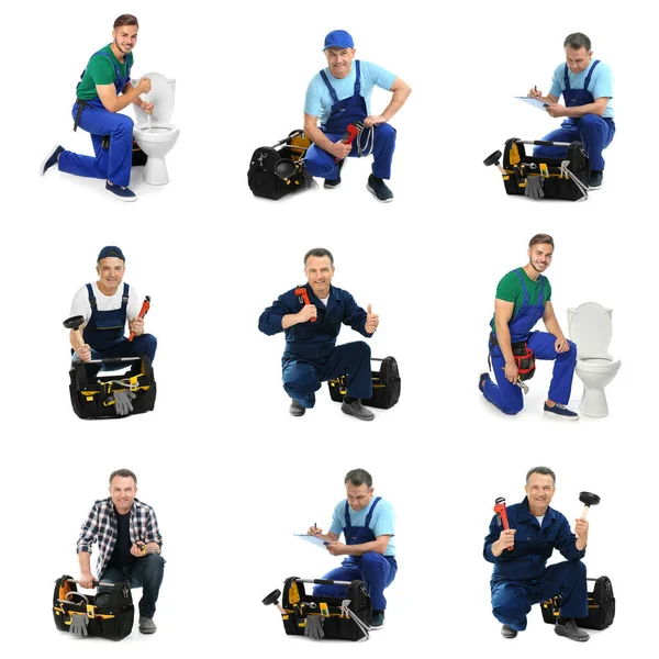 Collage Photos Plumbers White Background — Stock Photo, Image