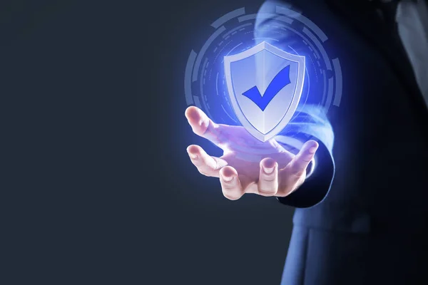 Cyber Insurance Concept Man Demonstrating Shield Illustration Symbol Protection Closeup — Stock Photo, Image