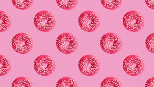 Творчий Візерунок Дизайну Глазурованих Пончиків Рожевому Фоні Банер — стокове фото