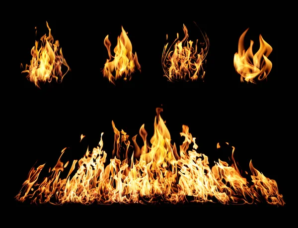 Collection of bright fire flames on black background