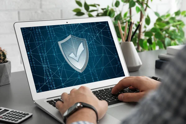 Cyber Security Concept Man Using Application Laptop Closeup — Stock Photo, Image