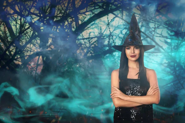 Boszorkány Ködös Erdő Háttérben Halloween Ünnepe — Stock Fotó