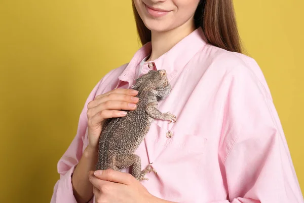 Woman holding bearded lizard on yellow background, closeup. Exotic pet