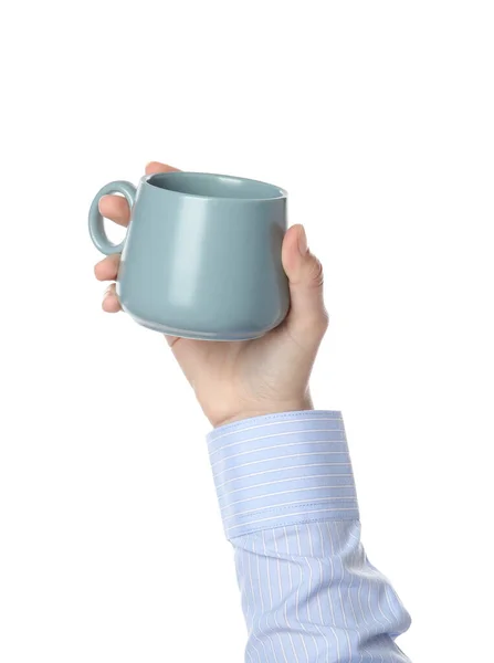 Frau Mit Tasse Auf Weißem Hintergrund Nahaufnahme — Stockfoto