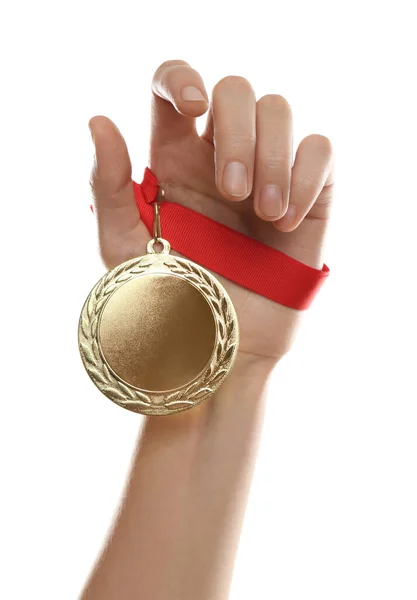 Woman Holding Golden Medal White Background Closeup Space Design — Stock Photo, Image