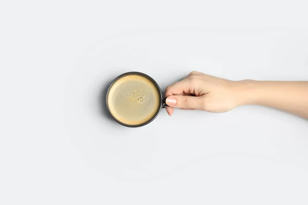 Woman Cup Coffee Light Background Top View — Stock Photo, Image