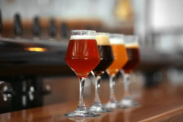 Different Beers Glasses Bar Counter — Stock Photo, Image