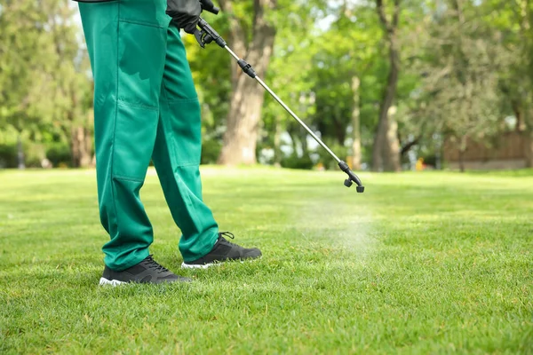 Lavoratore Che Spruzza Pesticidi Sul Prato Verde All Aperto Primo — Foto Stock