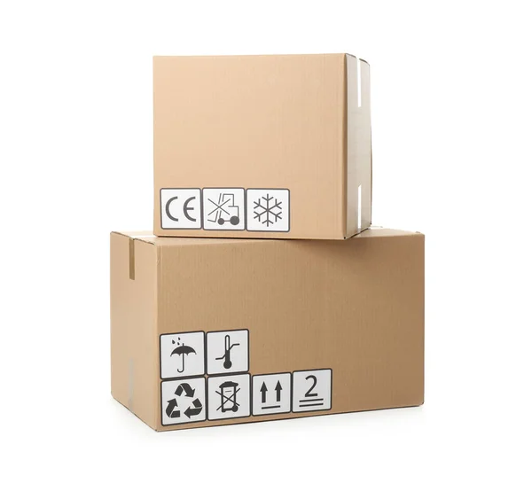 Kartons Mit Verschiedenen Verpackungssymbolen Auf Weißem Hintergrund Paketzustellung — Stockfoto