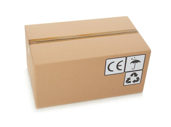 Caixa Papelão Com Diferentes Símbolos Embalagem Isolados Branco Entrega Encomendas — Fotografia de Stock