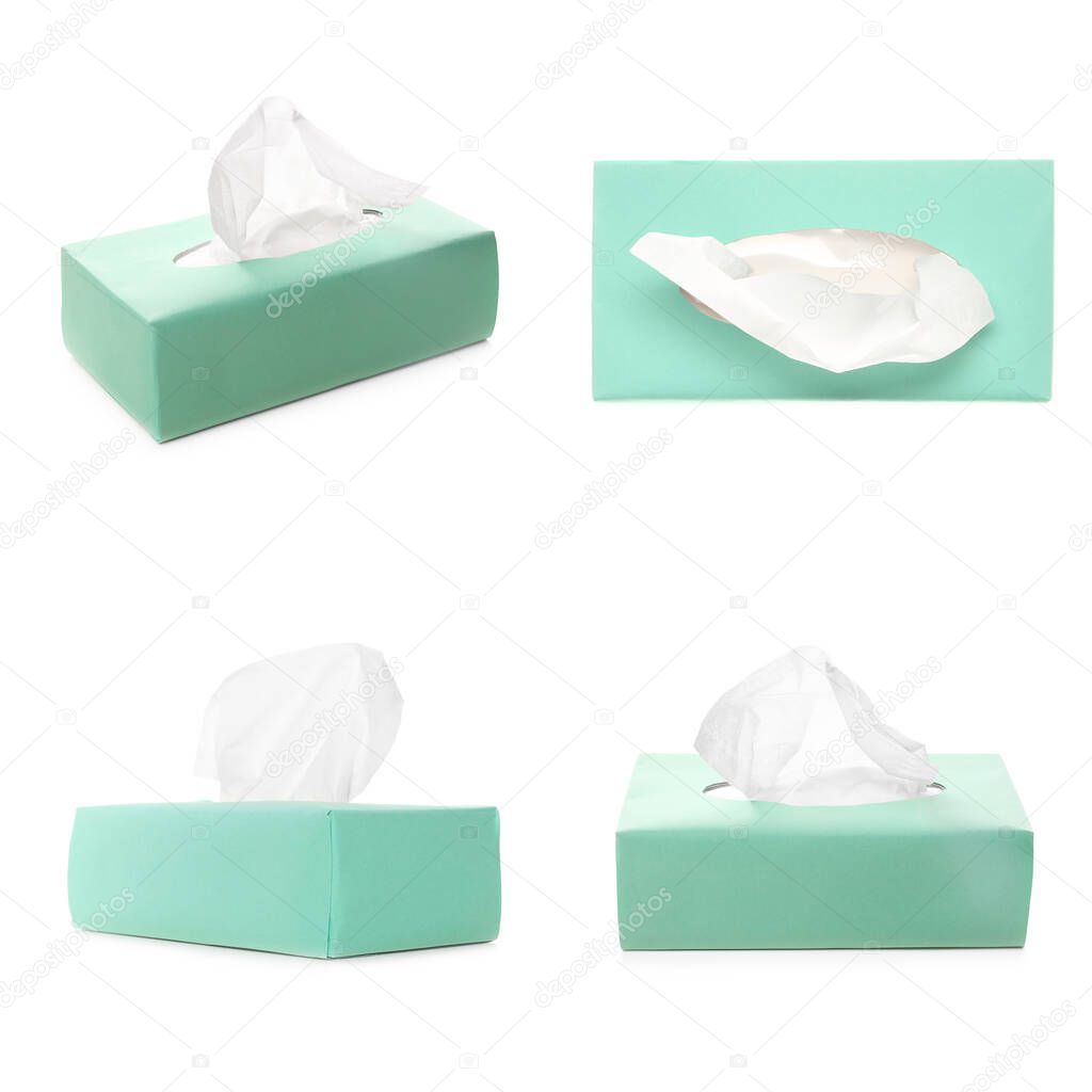 Set with paper tissues on white background