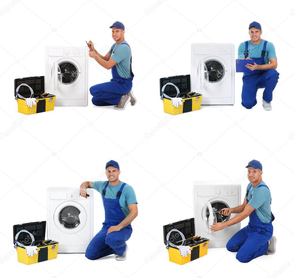 Collage with photos of plumber on white background