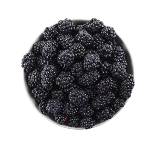 Fresh Ripe Blackberries Bowl Isolated White Top View — Stock Photo, Image