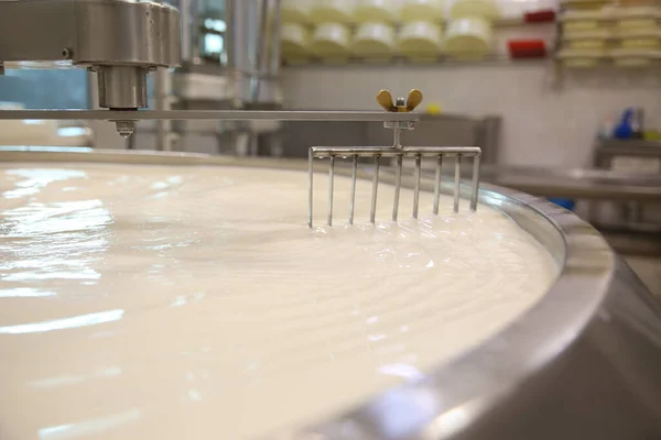 チーズ工場のカード調製タンクのミルク クローズアップ — ストック写真